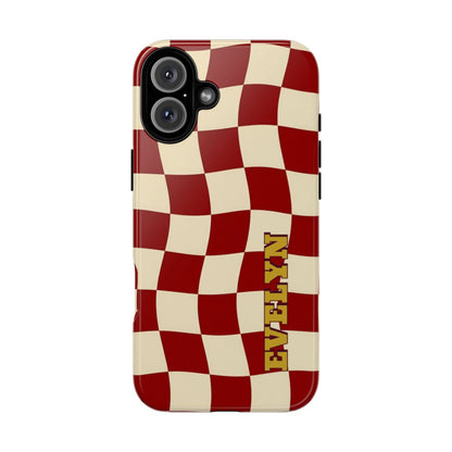 Personalized Burgundy Checkered Phone Case – Custom Name Wavy Retro Aesthetic