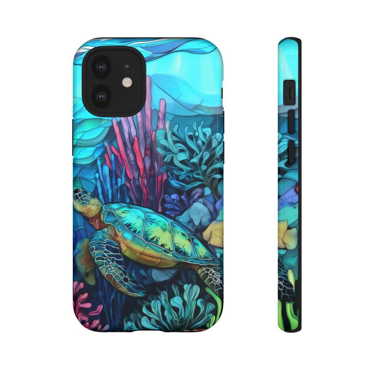 Stained Glass Turtle Phone Case – Coastal Blue Ocean Mosaic Aesthetic