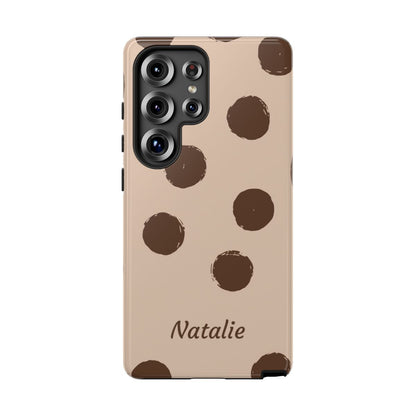 Personalized Brown Polka Dot Phone Case – Custom Name Neutral Boho Aesthetic