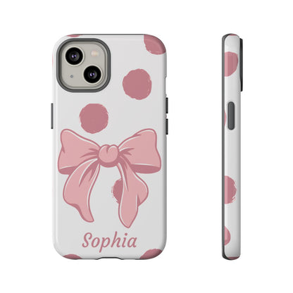 Personalized Pink Polka Dot Bow Phone Case – Custom Name Coquette Aesthetic