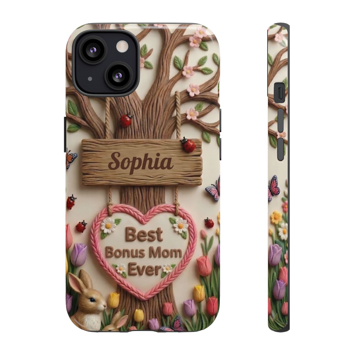 Personalized Bonus Mom Phone Case – Custom Name Clay Spring Garden Aesthetic