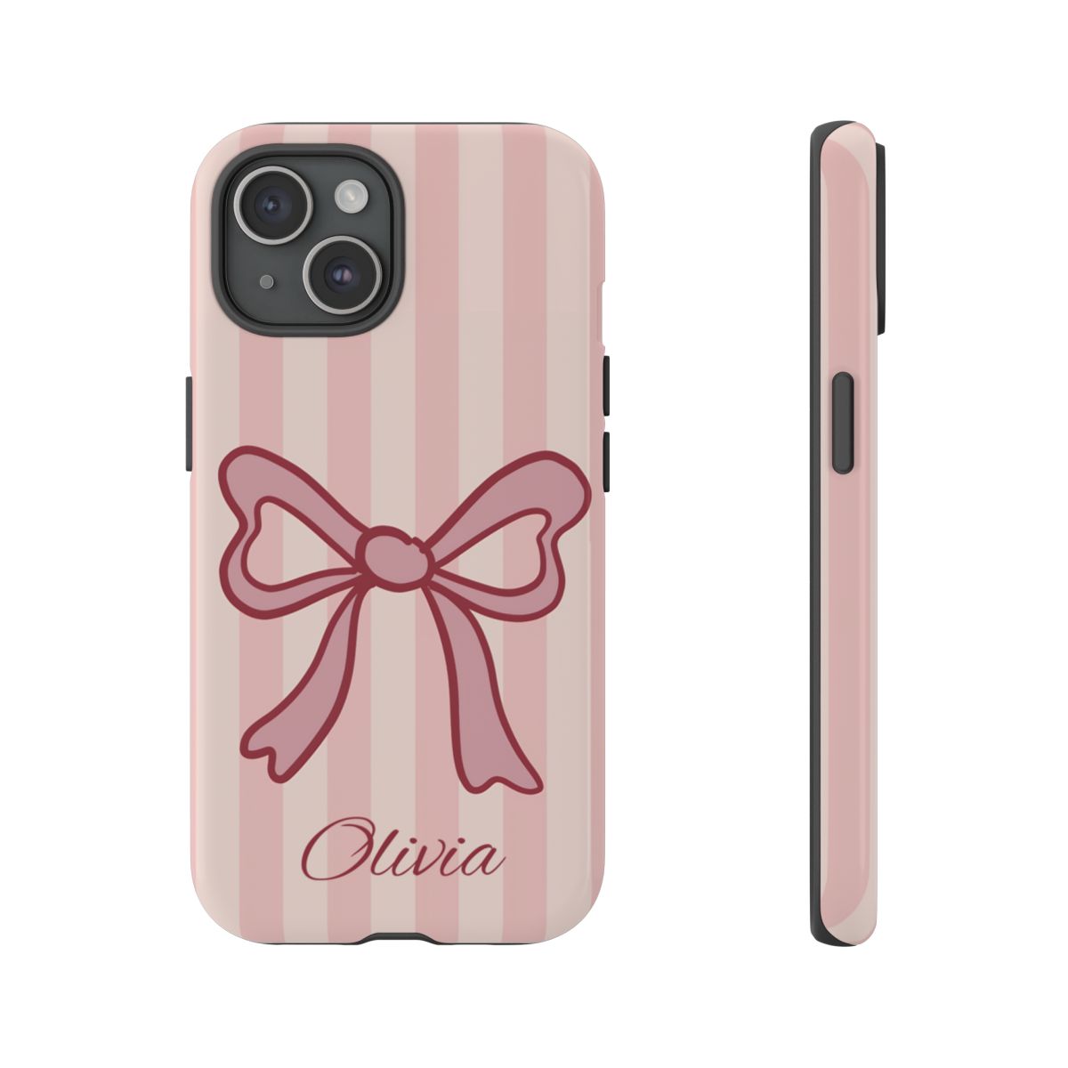 Personalized Pink Bow Phone Case – Soft Pastel Striped Coquette Aesthetic