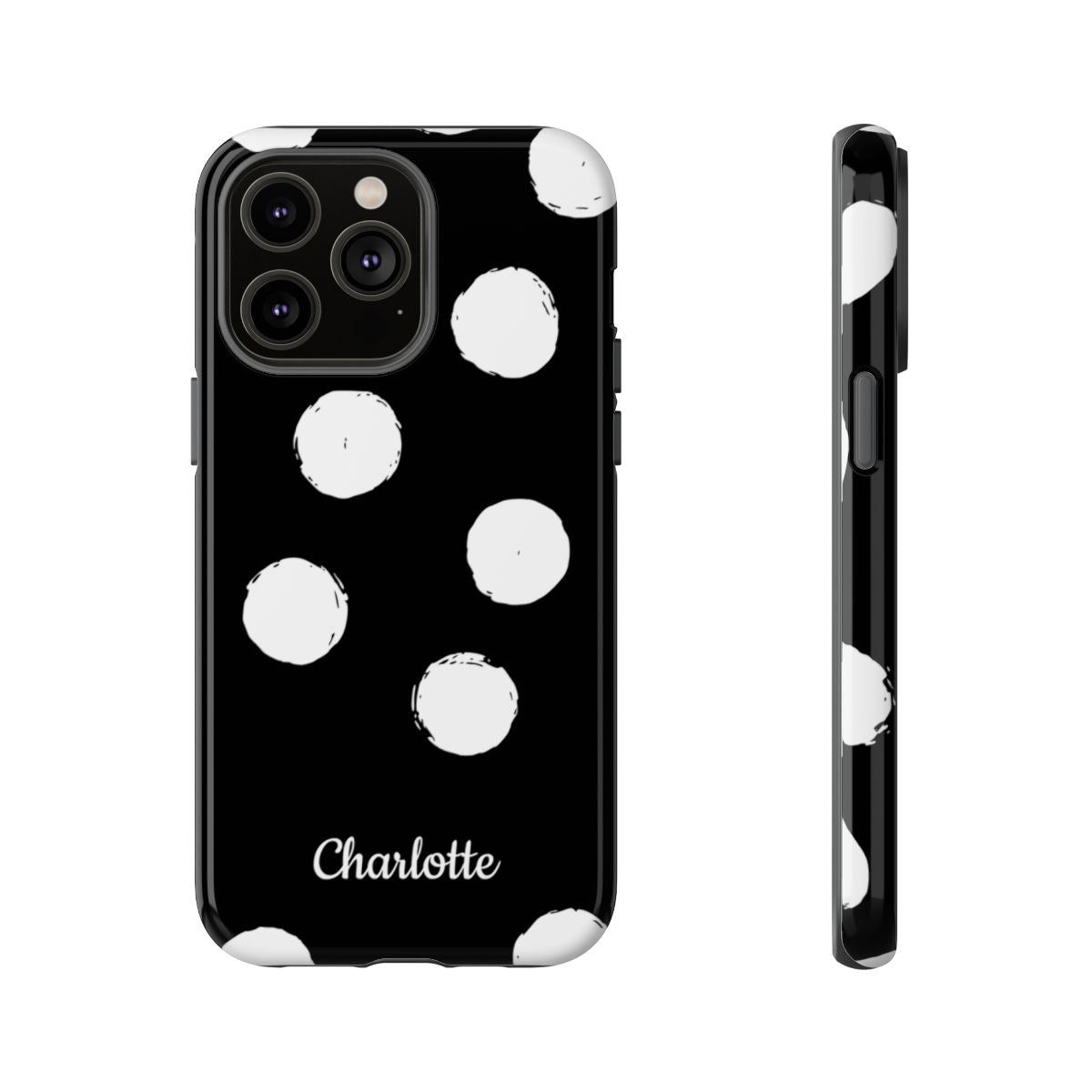 Personalized Black Polka Dot Phone Case – Custom Name Bold Monochrome Aesthetic