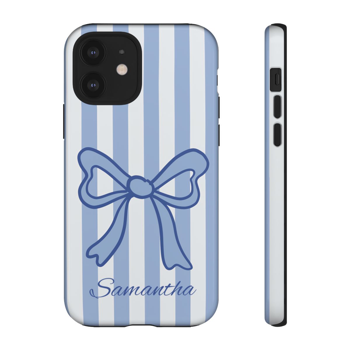 Personalized Coquette Bow Phone Case – Blue Striped Preppy Ribbon Aesthetic
