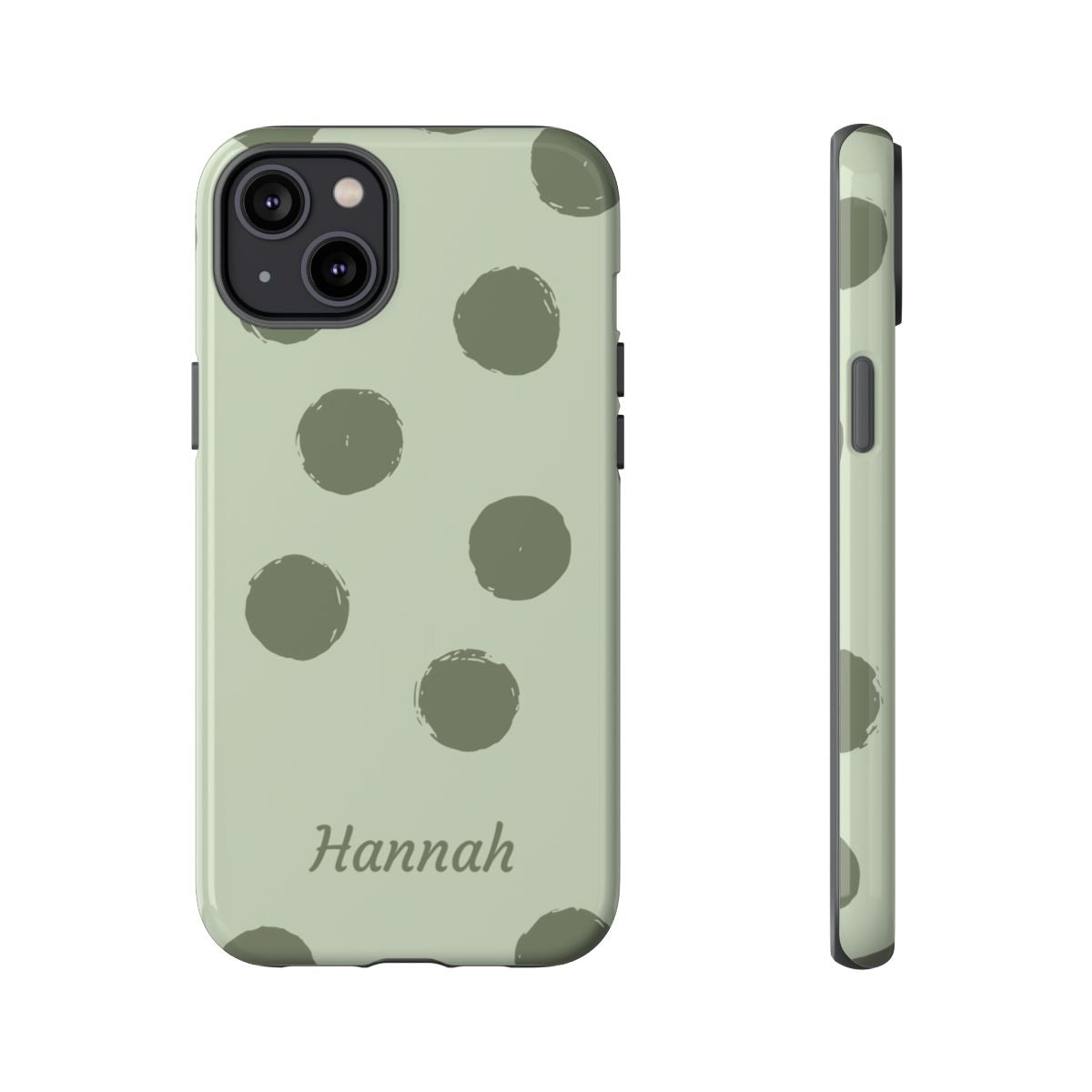 Personalized Sage Green Polka Dot Phone Case – Custom Name Matcha Aesthetic