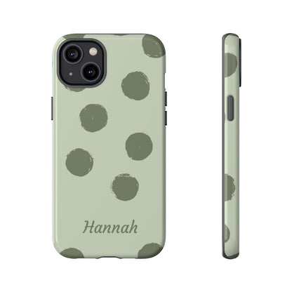 Personalized Sage Green Polka Dot Phone Case – Custom Name Matcha Aesthetic