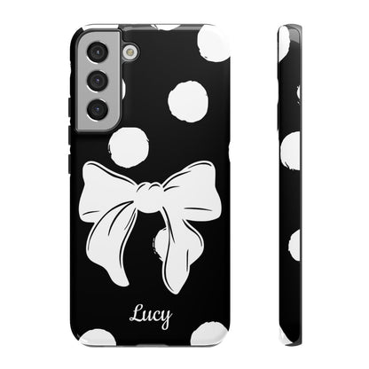 Personalized Black Polka Dot Bow Phone Case – Custom Name Coquette Retro Aesthetic
