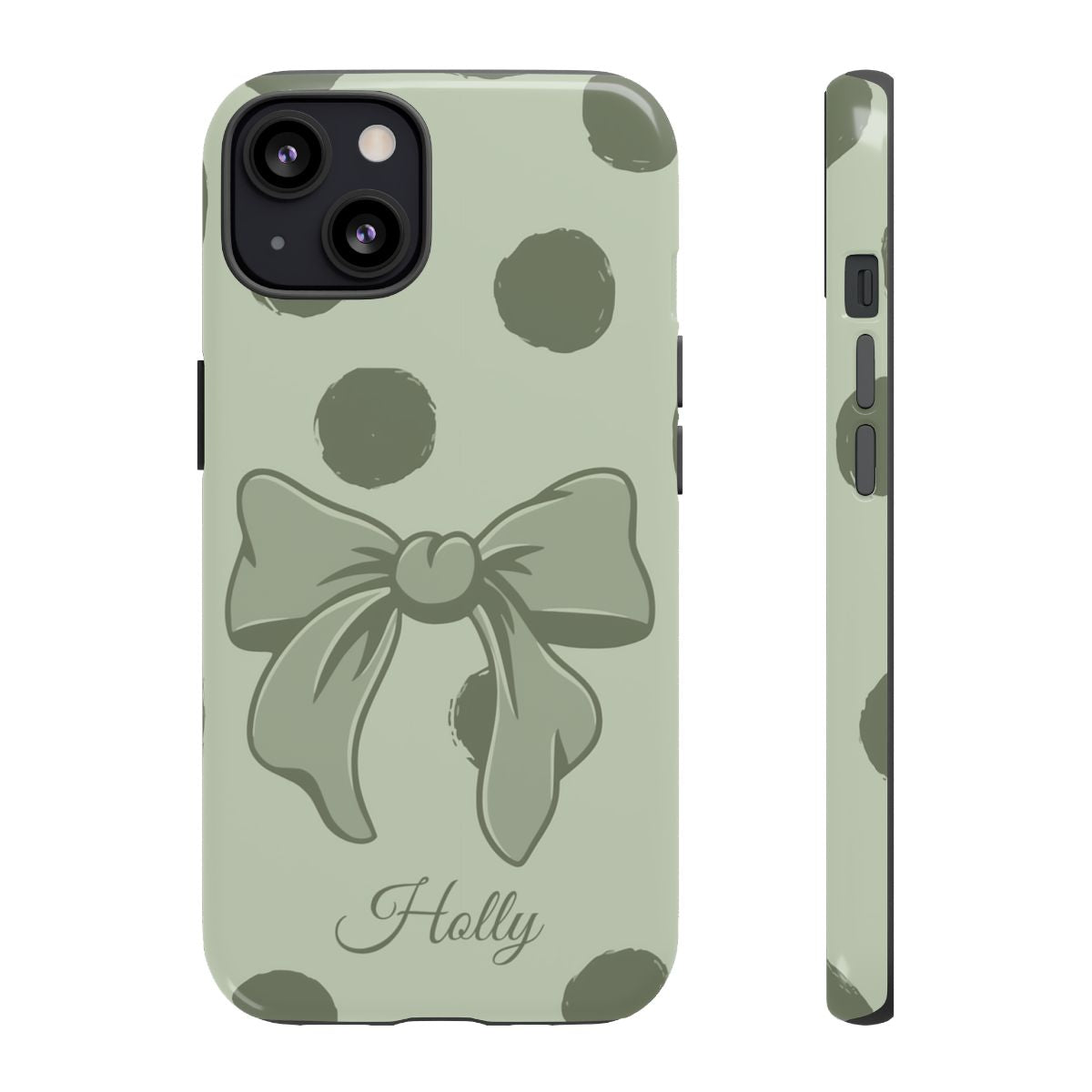 Personalized Sage Green Polka Dot Bow Phone Case – Custom Name Coquette Aesthetic