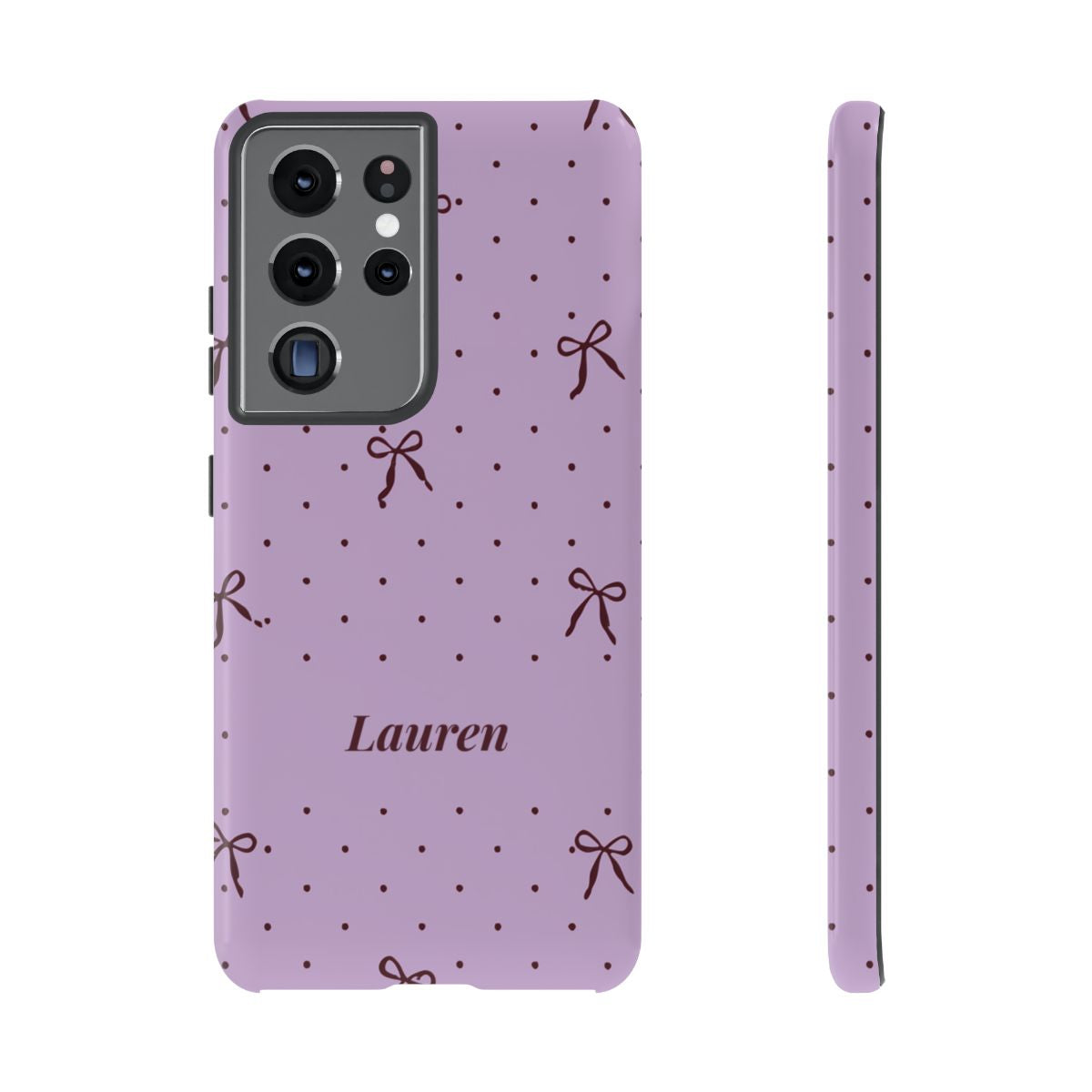Personalized Lavender Bow Phone Case – Custom Name Polka Dot Coquette Aesthetic