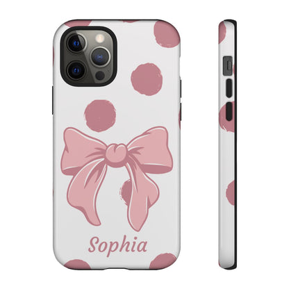 Personalized Pink Polka Dot Bow Phone Case – Custom Name Coquette Aesthetic