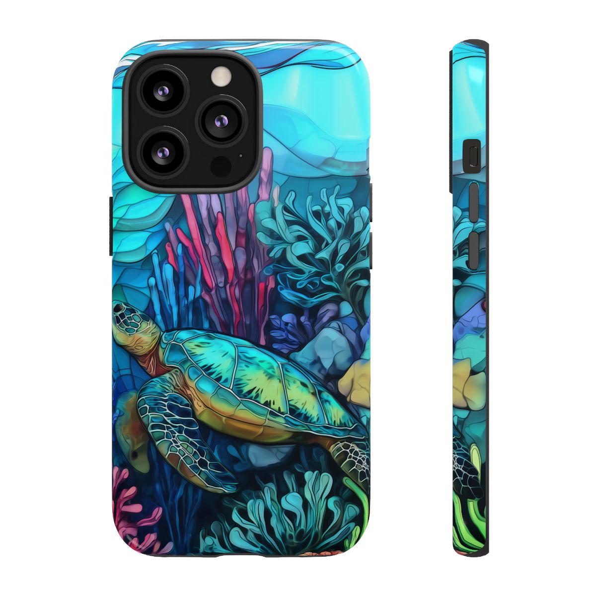 Stained Glass Turtle Phone Case – Coastal Blue Ocean Mosaic Aesthetic