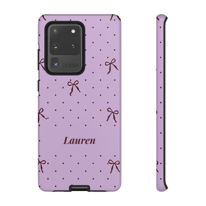 Personalized Lavender Bow Phone Case – Custom Name Polka Dot Coquette Aesthetic