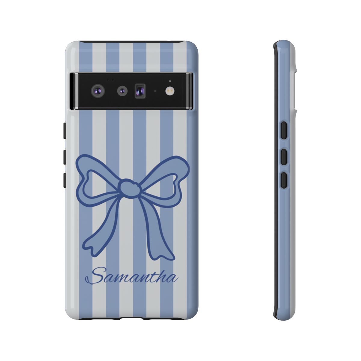 Personalized Coquette Bow Phone Case – Blue Striped Preppy Ribbon Aesthetic