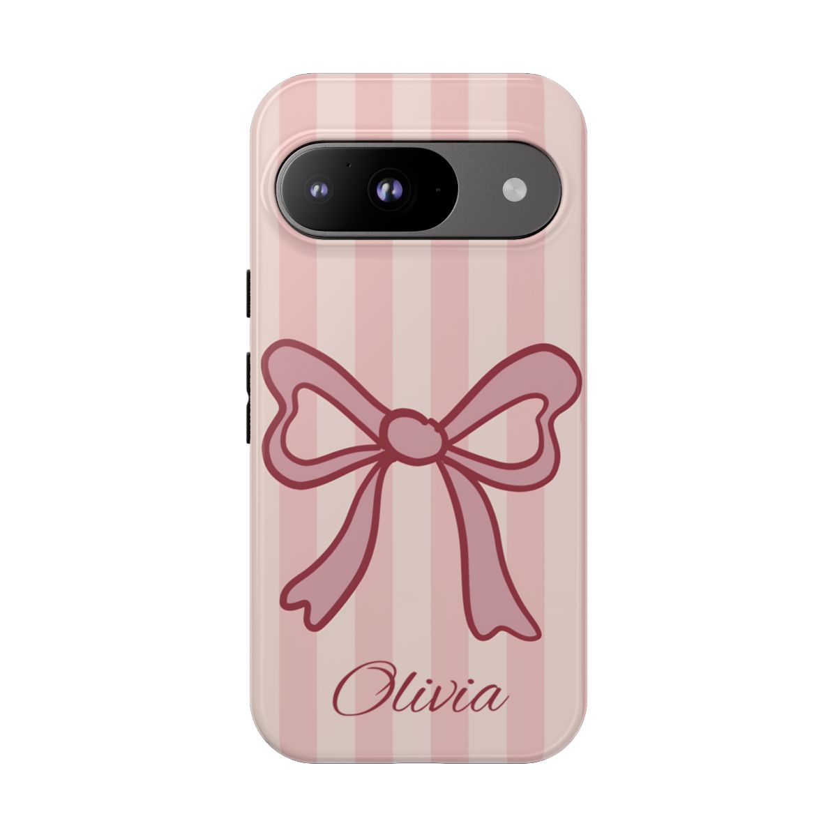 Personalized Pink Bow Phone Case – Soft Pastel Striped Coquette Aesthetic