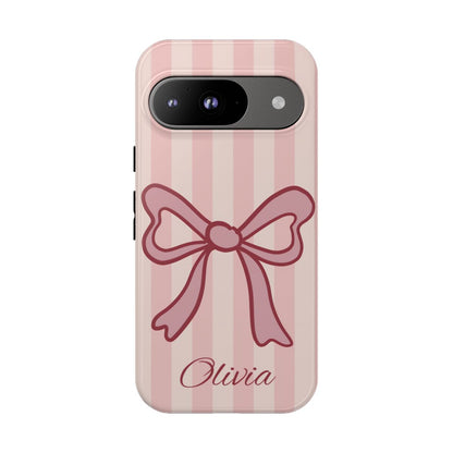 Personalized Pink Bow Phone Case – Soft Pastel Striped Coquette Aesthetic