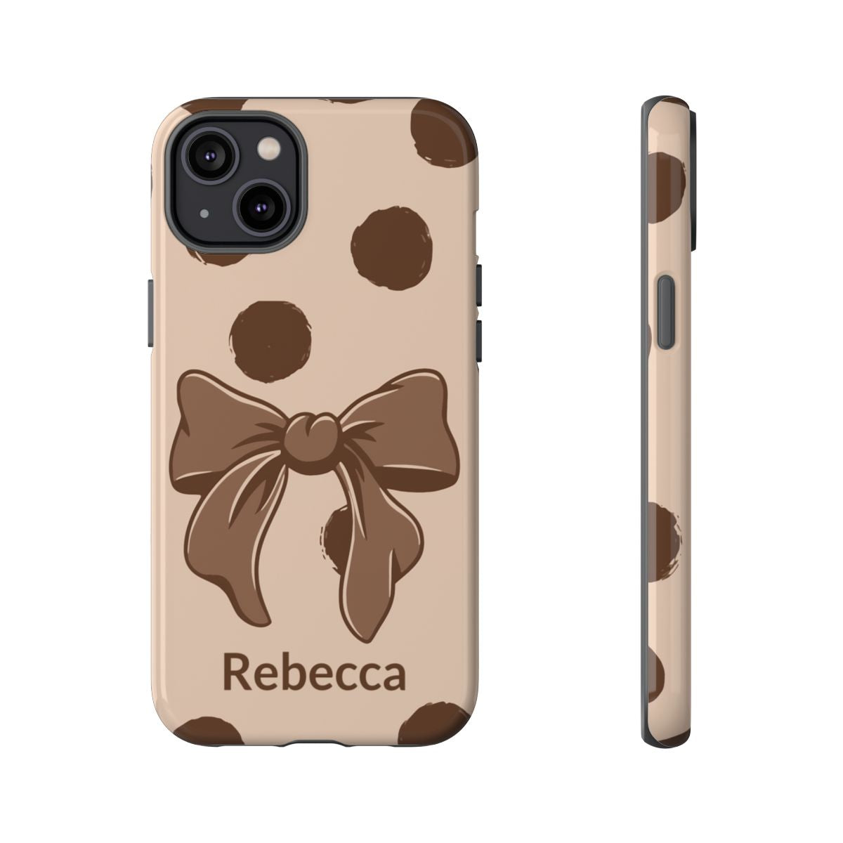 Personalized Brown Polka Dot Bow Phone Case – Custom Name Coquette Retro Aesthetic
