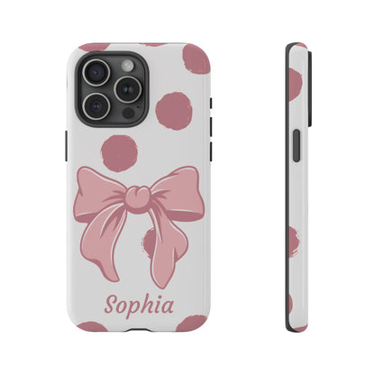 Personalized Pink Polka Dot Bow Phone Case – Custom Name Coquette Aesthetic