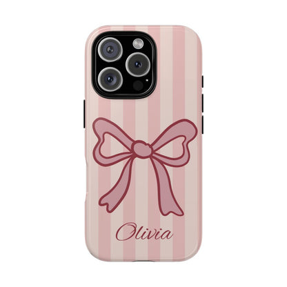 Personalized Pink Bow Phone Case – Soft Pastel Striped Coquette Aesthetic
