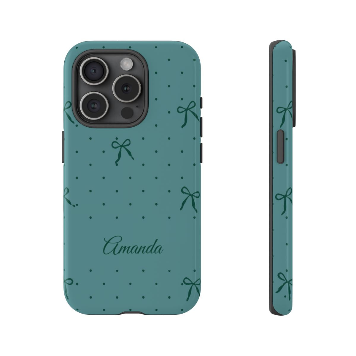 Personalized Teal Bow Phone Case – Custom Name Coquette Polka Dot Aesthetic