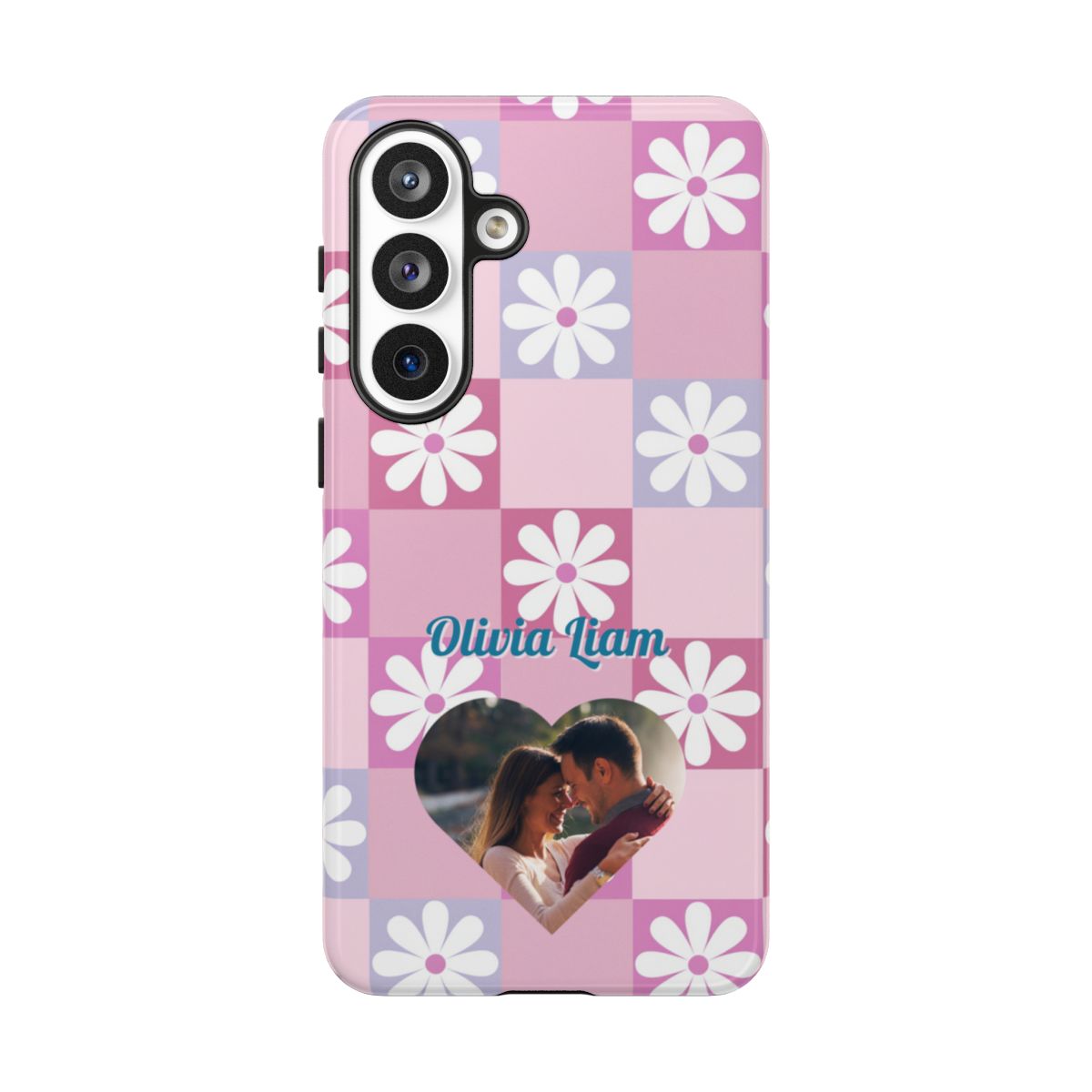 Personalized Pink Floral Checkered Phone Case - Custom Name and Photo