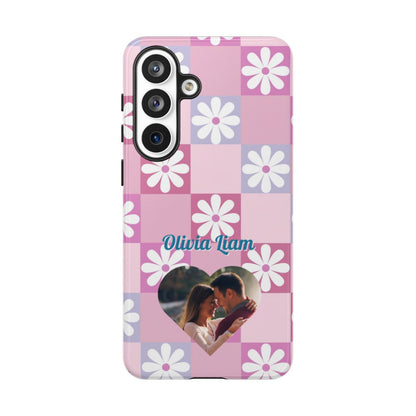 Personalized Pink Floral Checkered Phone Case - Custom Name and Photo