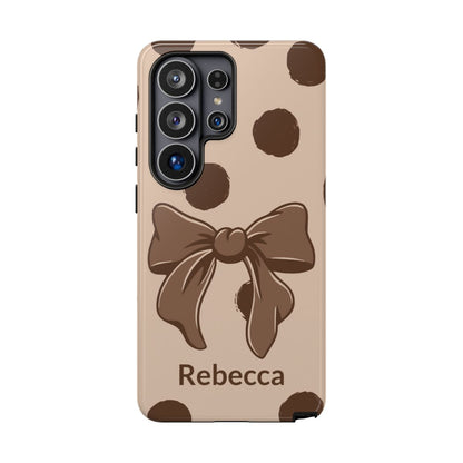 Personalized Brown Polka Dot Bow Phone Case – Custom Name Coquette Retro Aesthetic