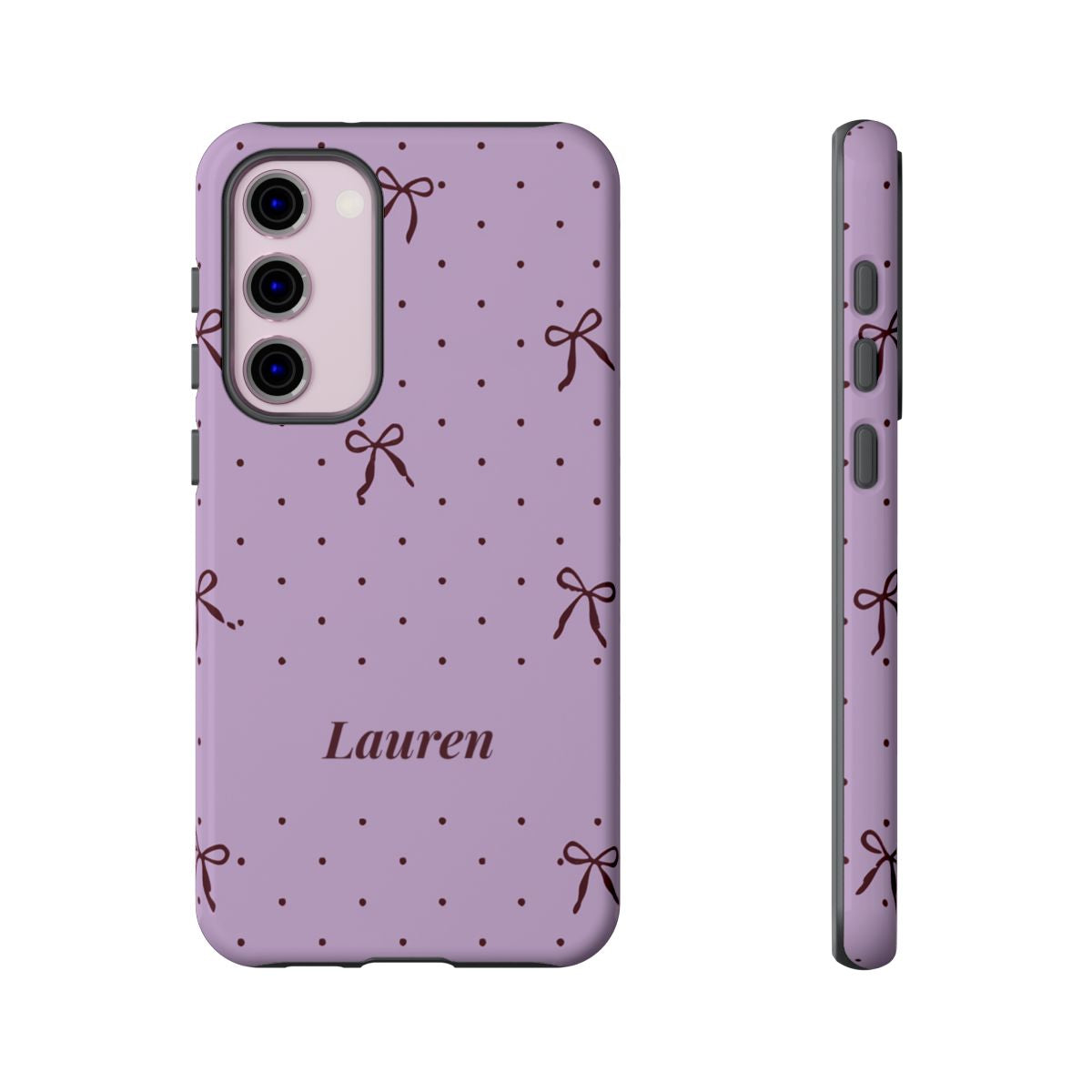 Personalized Lavender Bow Phone Case – Custom Name Polka Dot Coquette Aesthetic
