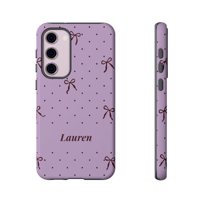 Personalized Lavender Bow Phone Case – Custom Name Polka Dot Coquette Aesthetic