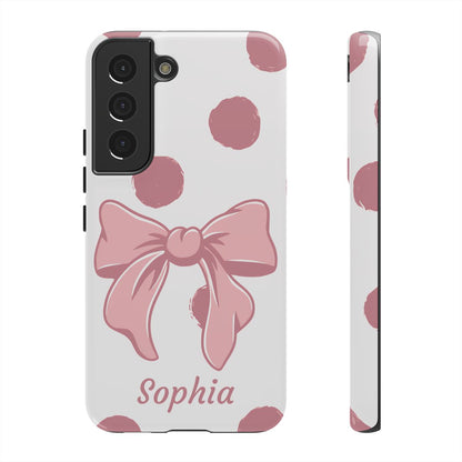 Personalized Pink Polka Dot Bow Phone Case – Custom Name Coquette Aesthetic