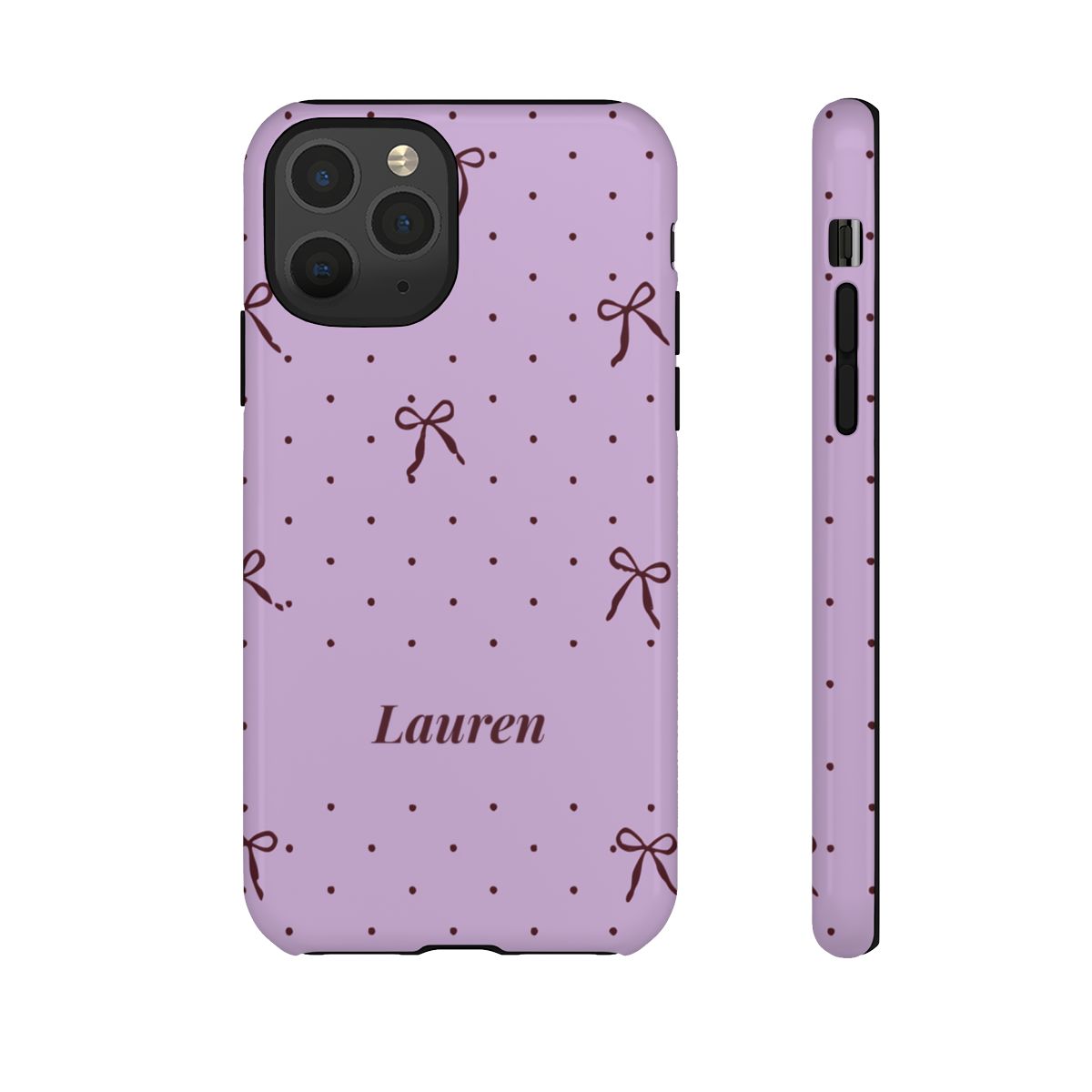Personalized Lavender Bow Phone Case – Custom Name Polka Dot Coquette Aesthetic
