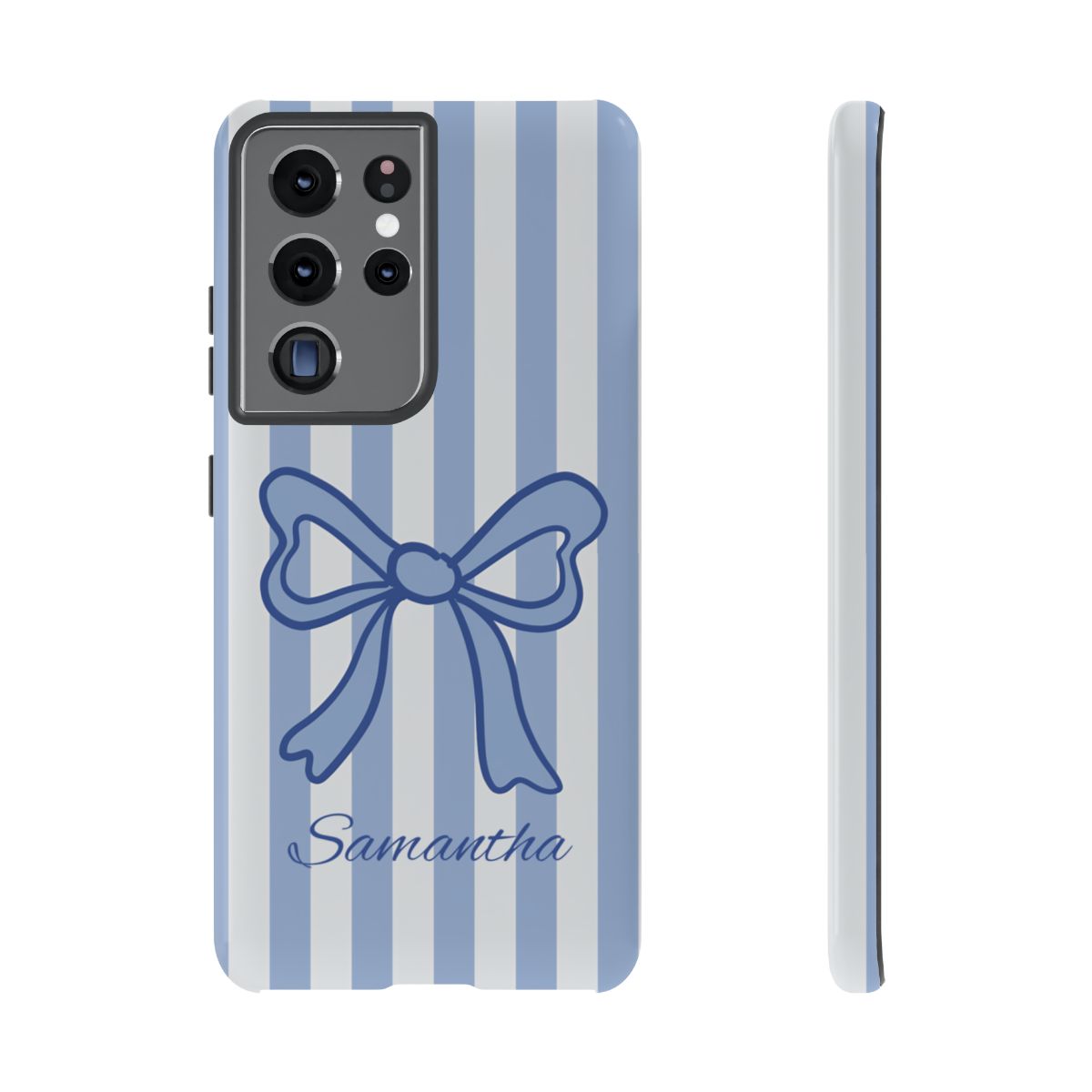 Personalized Coquette Bow Phone Case – Blue Striped Preppy Ribbon Aesthetic