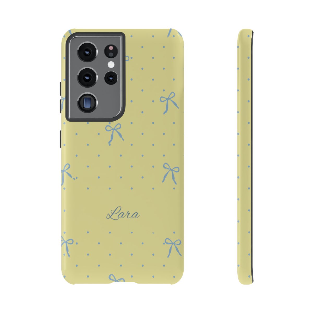 Personalized Yellow Bow Phone Case – Custom Name Blue Polka Dot Aesthetic