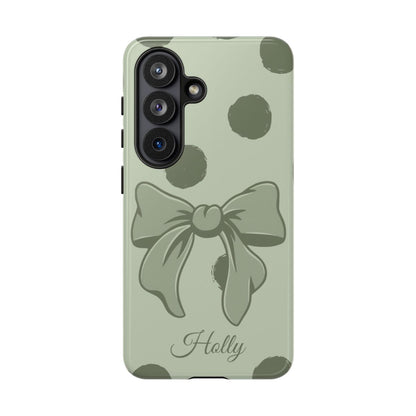 Personalized Sage Green Polka Dot Bow Phone Case – Custom Name Coquette Aesthetic
