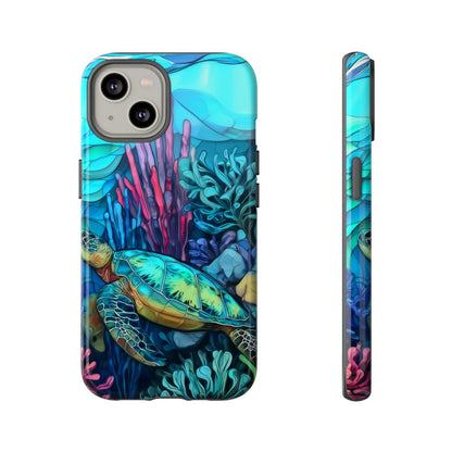 Stained Glass Turtle Phone Case – Coastal Blue Ocean Mosaic Aesthetic