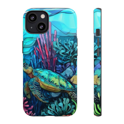 Stained Glass Turtle Phone Case – Coastal Blue Ocean Mosaic Aesthetic