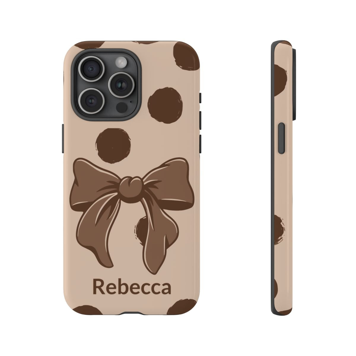 Personalized Brown Polka Dot Bow Phone Case – Custom Name Coquette Retro Aesthetic