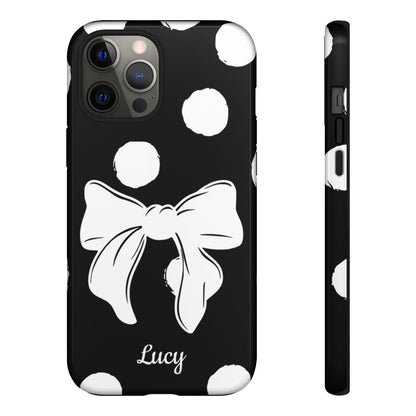 Personalized Black Polka Dot Bow Phone Case – Custom Name Coquette Retro Aesthetic