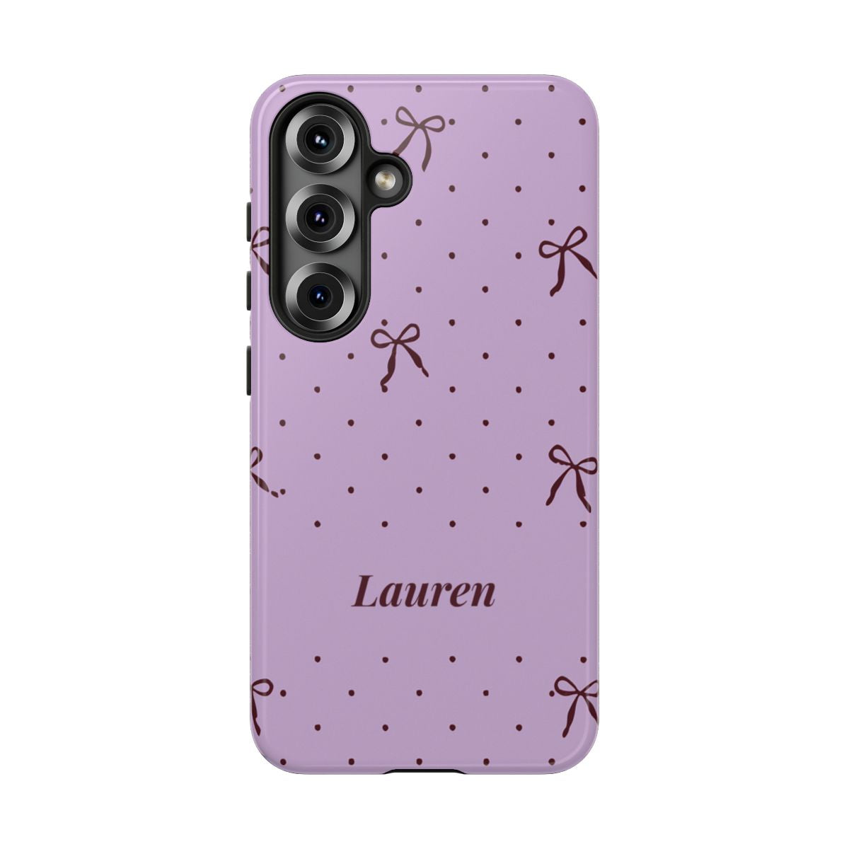 Personalized Lavender Bow Phone Case – Custom Name Polka Dot Coquette Aesthetic