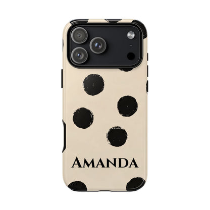 Custom name black polka dot abstract phone case on cream background
