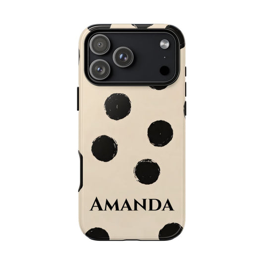 Custom name black polka dot abstract phone case on cream background