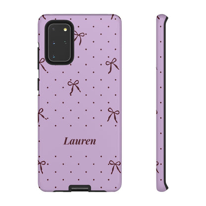Personalized Lavender Bow Phone Case – Custom Name Polka Dot Coquette Aesthetic