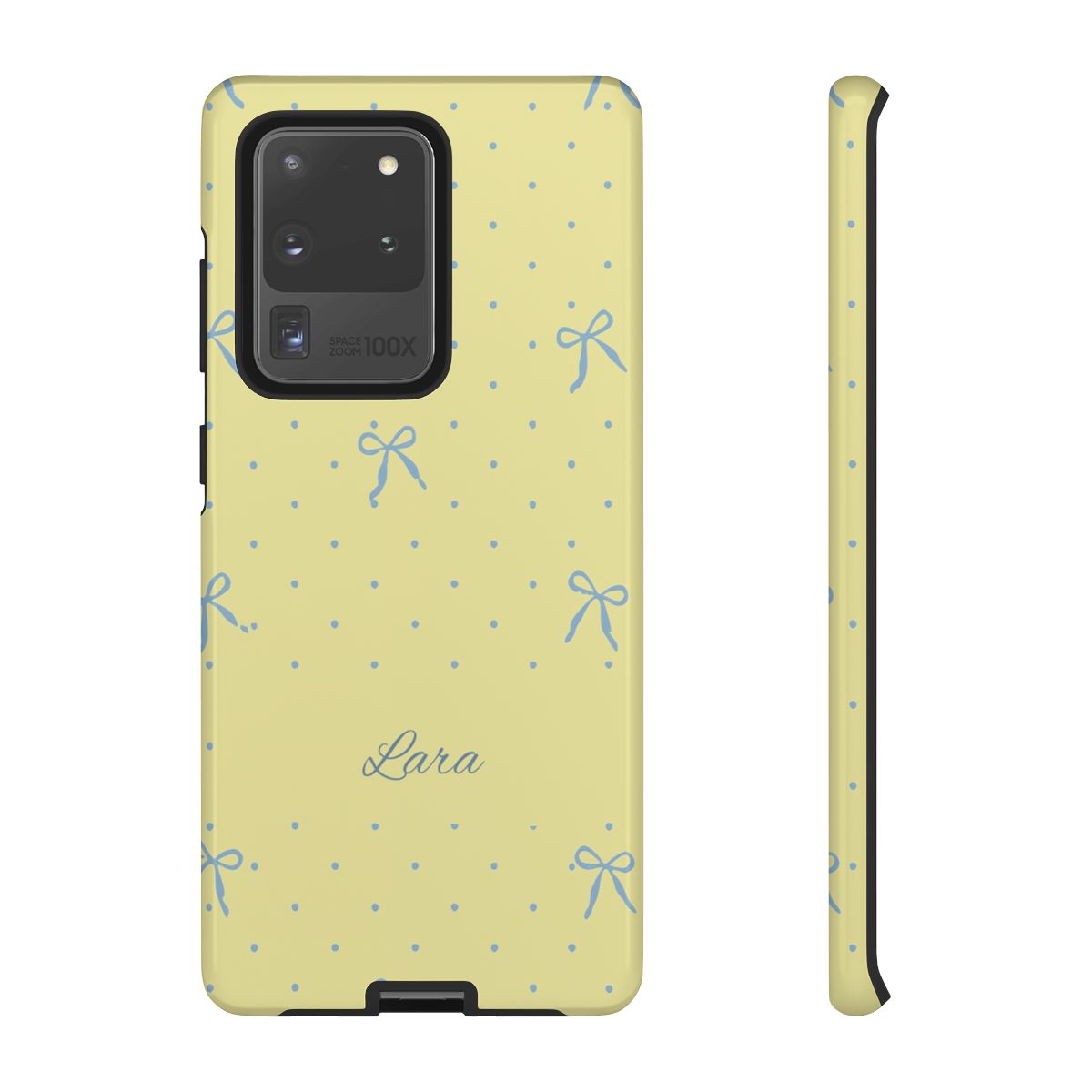 Personalized Yellow Bow Phone Case – Custom Name Blue Polka Dot Aesthetic