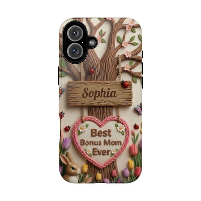 Personalized Bonus Mom Phone Case – Custom Name Clay Spring Garden Aesthetic