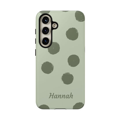 Personalized Sage Green Polka Dot Phone Case – Custom Name Matcha Aesthetic