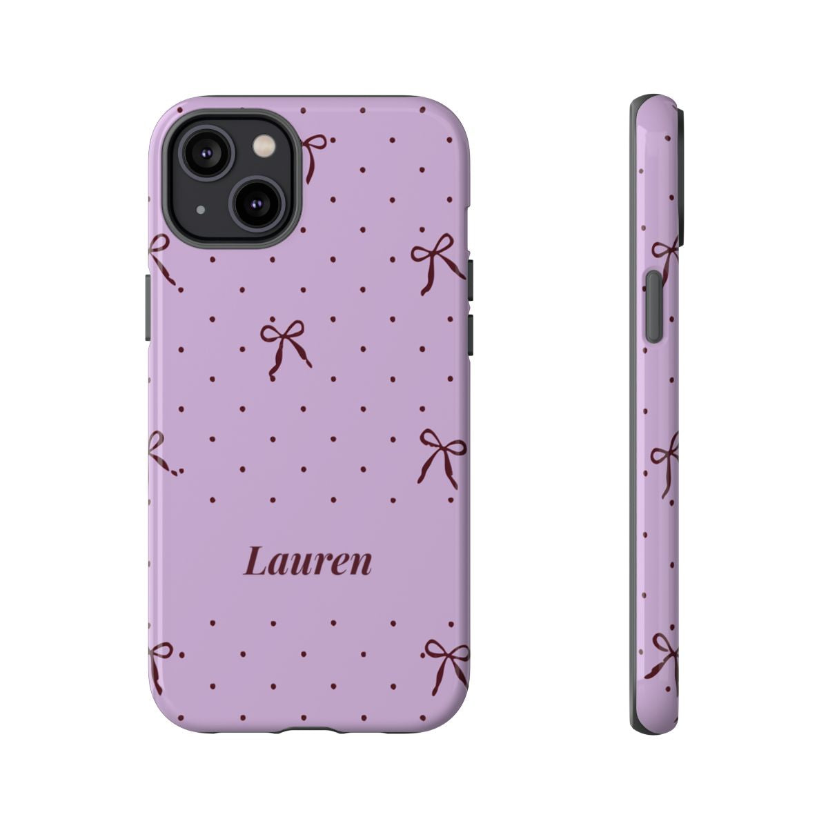 Personalized Lavender Bow Phone Case – Custom Name Polka Dot Coquette Aesthetic