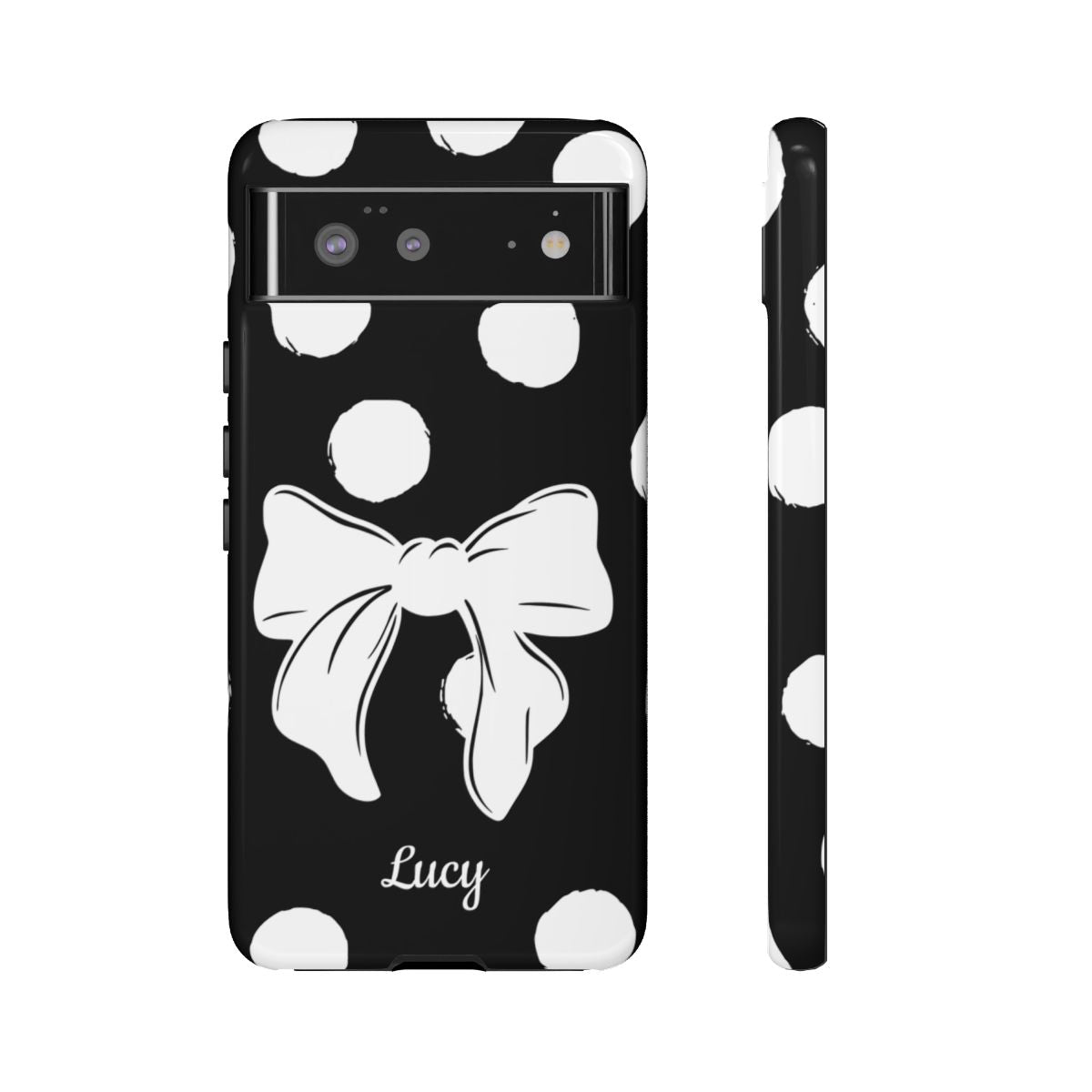 Personalized Black Polka Dot Bow Phone Case – Custom Name Coquette Retro Aesthetic