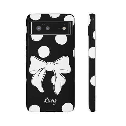 Personalized Black Polka Dot Bow Phone Case – Custom Name Coquette Retro Aesthetic