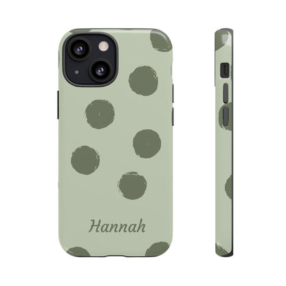 Personalized Sage Green Polka Dot Phone Case – Custom Name Matcha Aesthetic