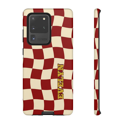 Personalized Burgundy Checkered Phone Case – Custom Name Wavy Retro Aesthetic