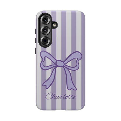 Personalized Lavender Bow Phone Case – Purple Striped Coquette Ribbon Aesthetic